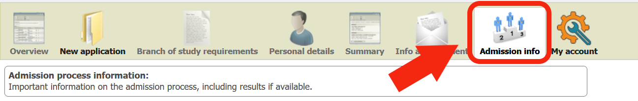 Admission info printscreen
